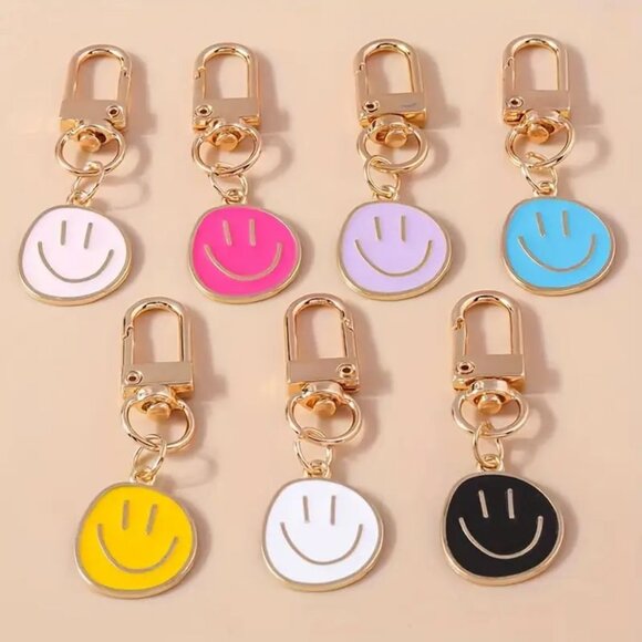 Smiley Face Happy Bag Charm Purse Enamel Keychain Clip Swivel Y2K Retro Kind - Picture 1 of 5